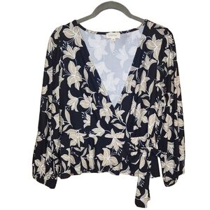 MERAKI FAUX WRAP PEPLUM SIDE TIE TOP BLOUSE BLACK FLORAL LARGE EUC